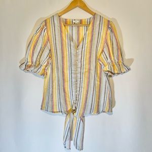 NWOT T. ROSE VERTICAL STRIPE BLOUSE SHORT SLEEVE 100% COTTON SMALL BOW TIE